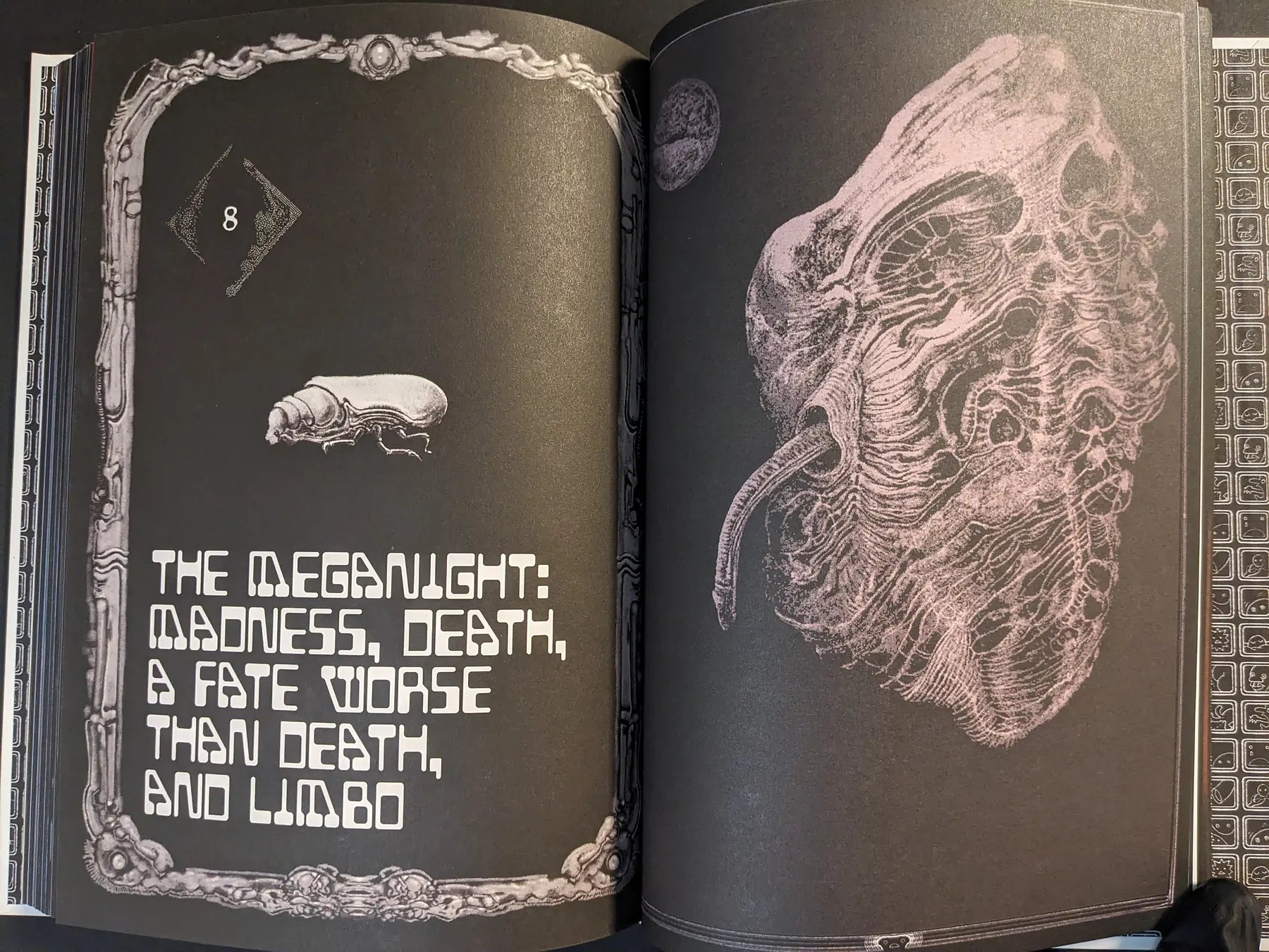 Interior spread from “Bubzium – the guidebook to postapoland” with Meganight lore text and a grotesque mutant head illustration.