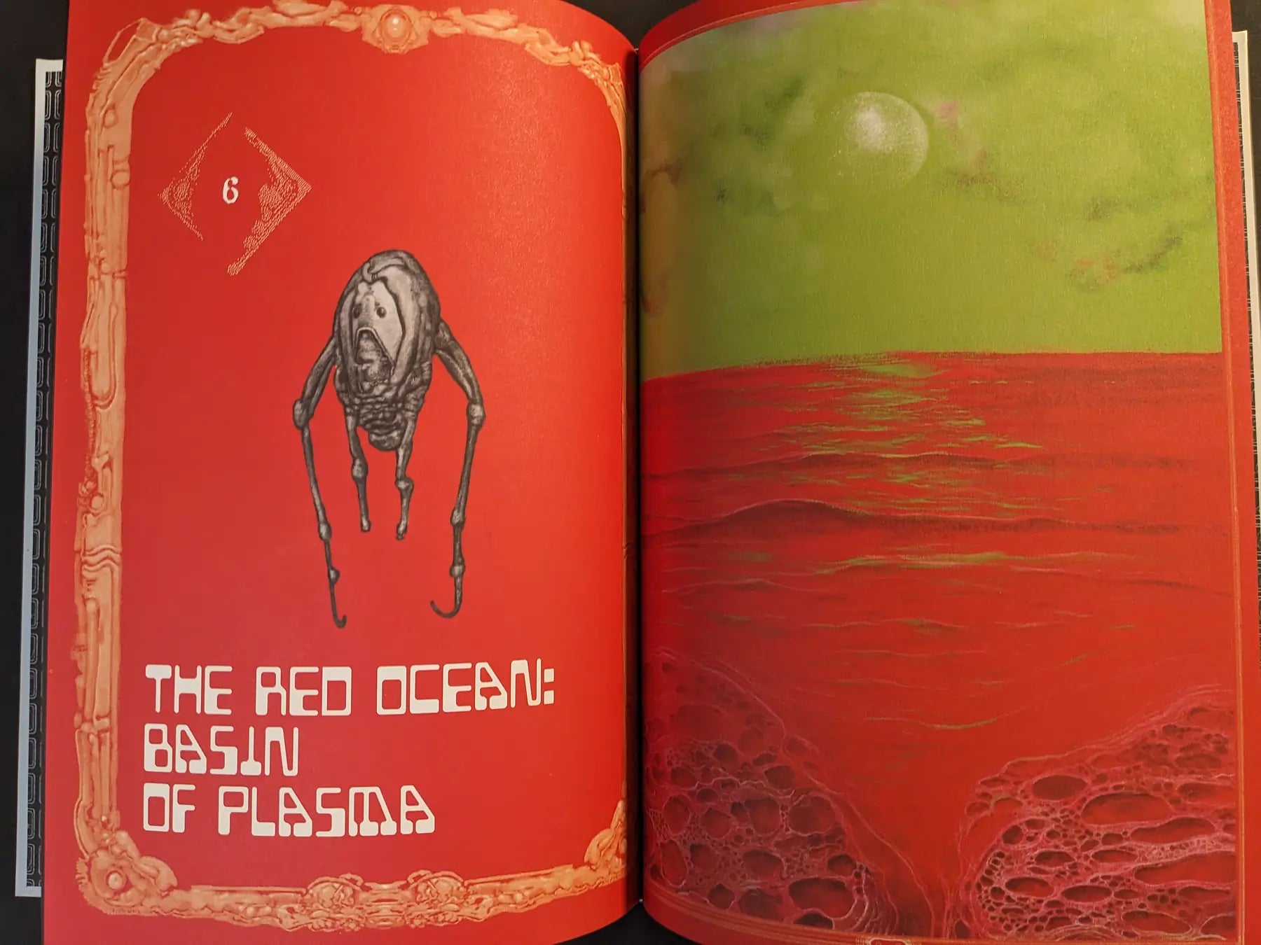 Interior spread from “Bubzium – the guidebook to postapoland” by Bartosz Zaskorski, showing the Red Ocean basin of plasma and a strange walking creature.