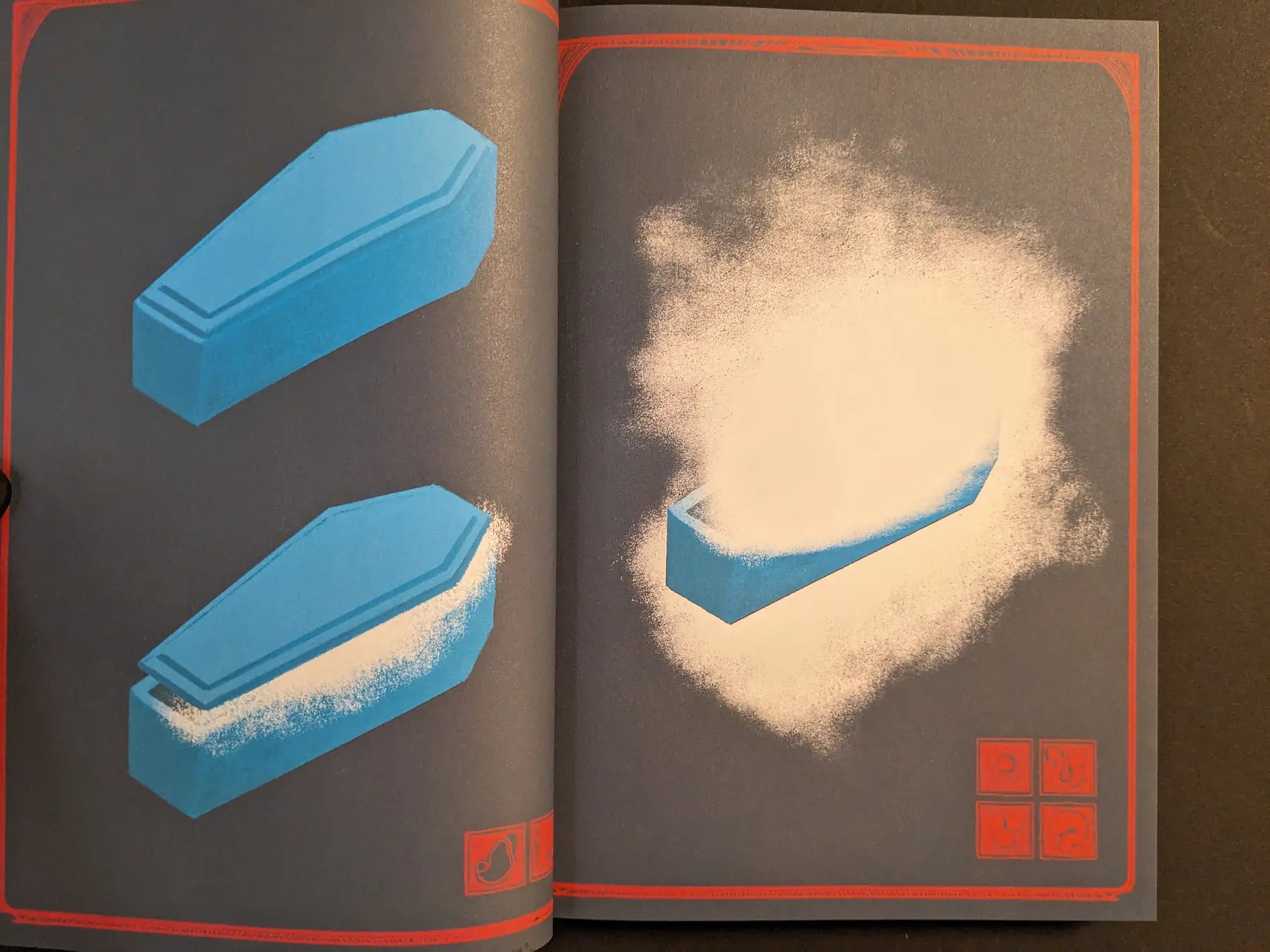 Interior spread from Bubzium with three blue coffins gradually dissolving into white dust on a dark ground with red frame.