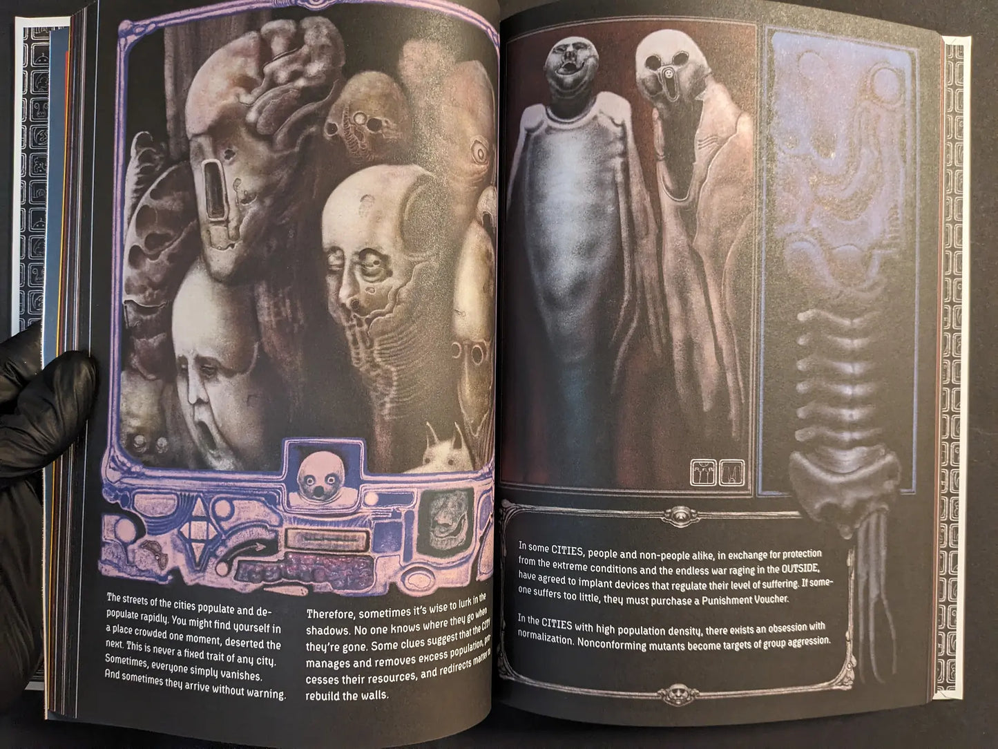 Spread from Bubzium with a dense crowd of masked, deformed city mutants framed by ornamental borders and sigils.