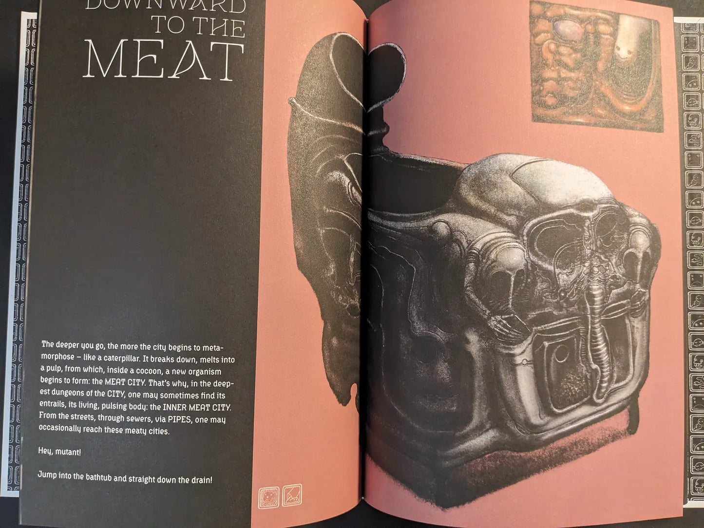 Spread from Bubzium titled “Downward to the Meat,” showing text on black and a biomechanical throne-like corpse machine on pink.