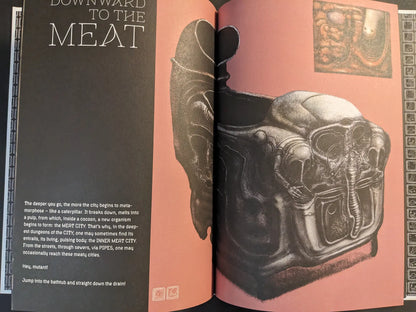 Spread from Bubzium titled “Downward to the Meat,” showing text on black and a biomechanical throne-like corpse machine on pink.
