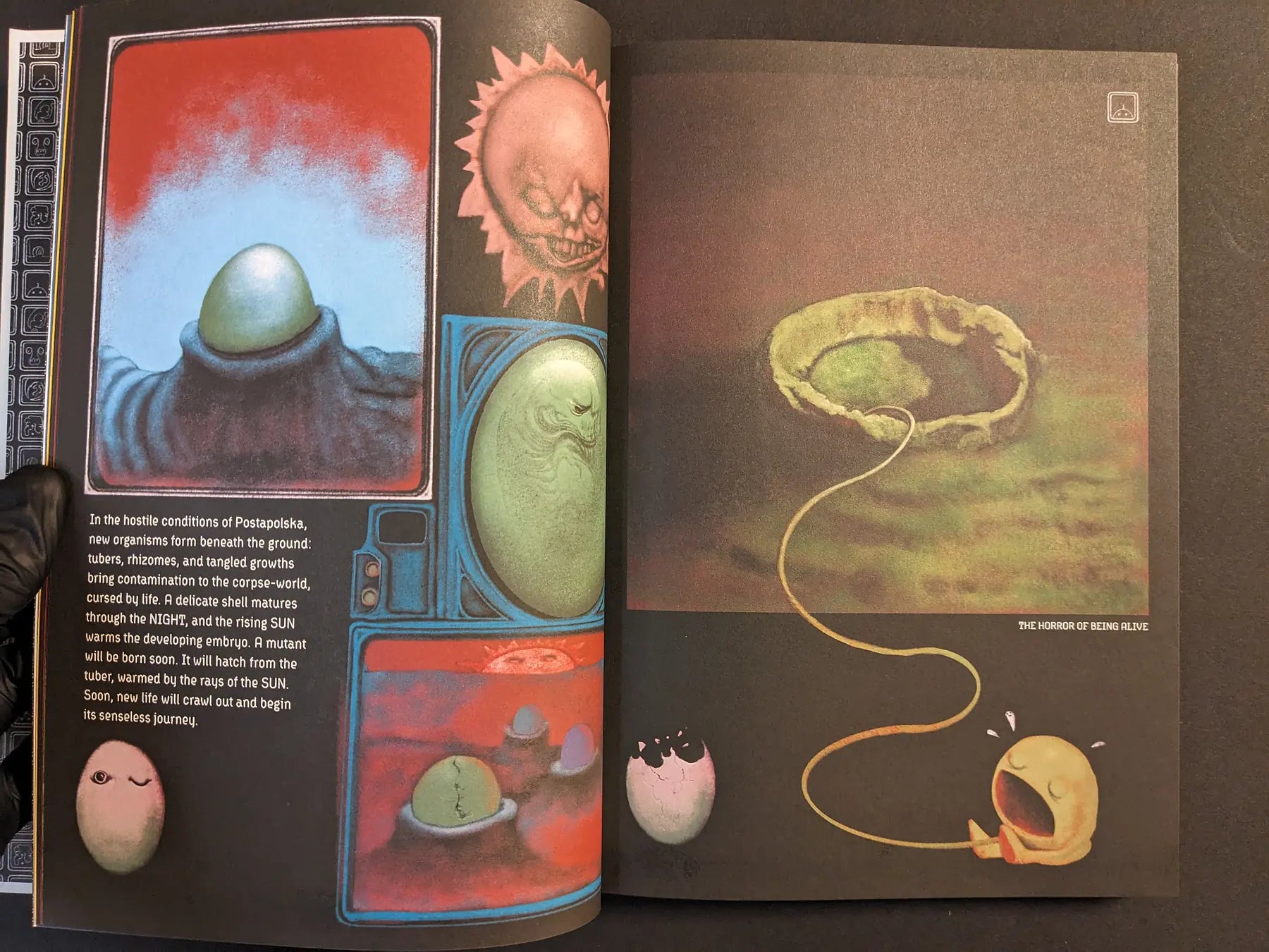 Spread from Bubzium depicting an egg hatching into a crying mutant under hostile Postapoland landscapes and monitors.