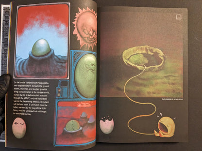 Spread from Bubzium depicting an egg hatching into a crying mutant under hostile Postapoland landscapes and monitors.