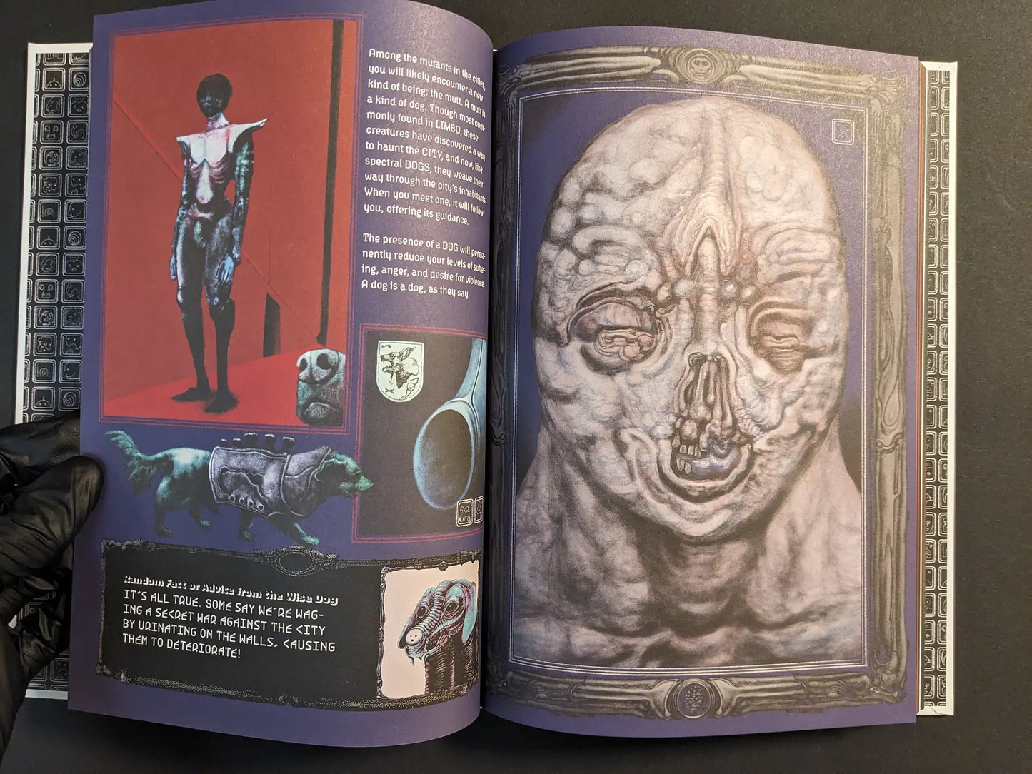 Spread from Bubzium showing a standing mutant, armored dog and a large fleshy head framed in purple and blue panels.