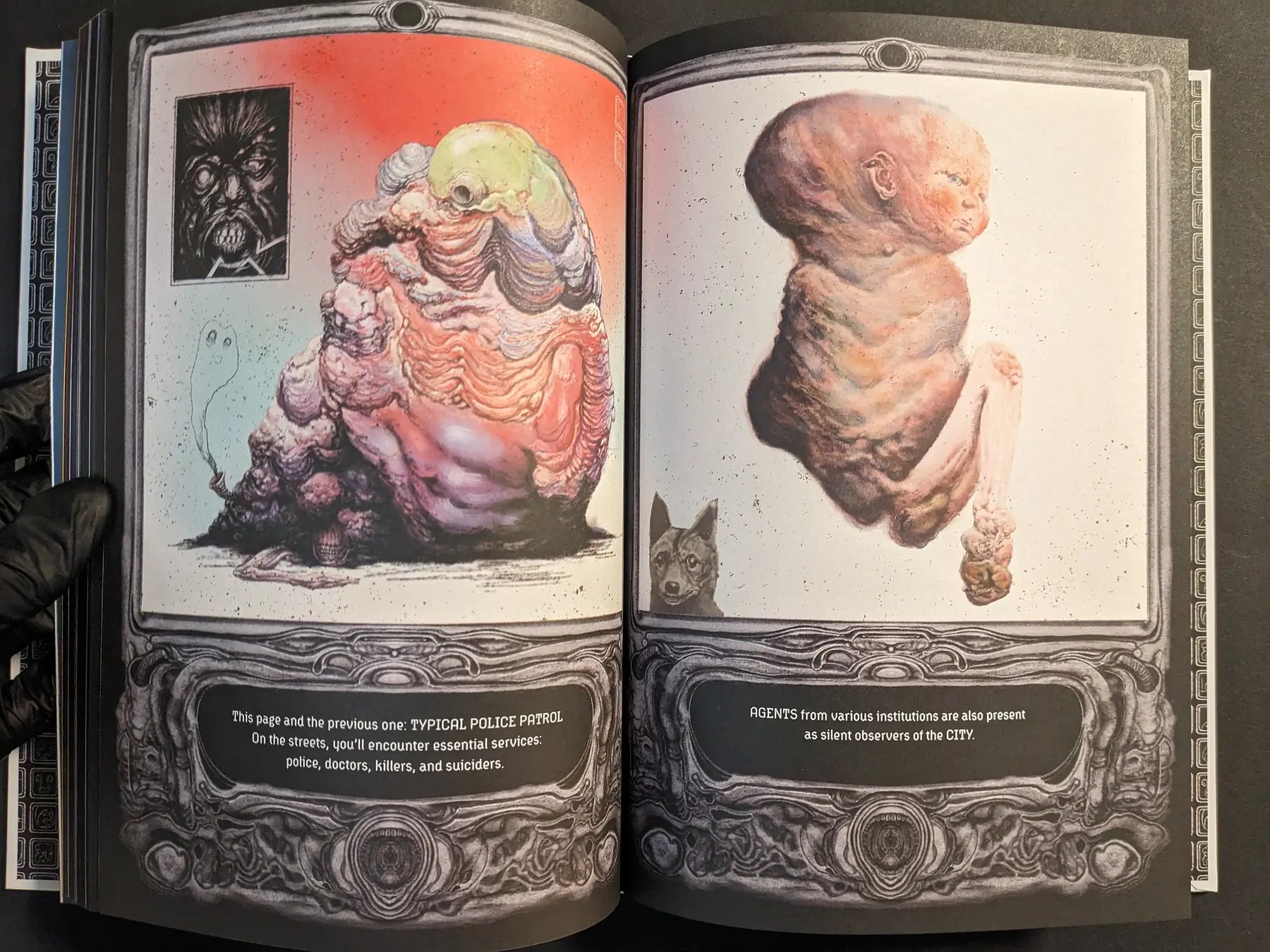 Spread from Bubzium with two swollen meat-mutants, one slug-like with a baby face, surrounded by ornate grey frames.