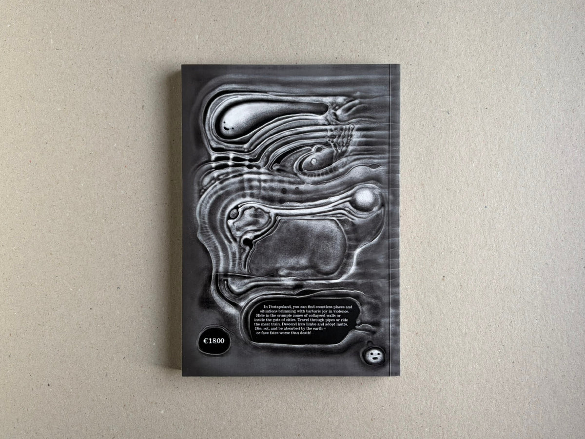 Back cover of Bubzium – The Guidebook to Postapoland with a dark abstract design and price mark
