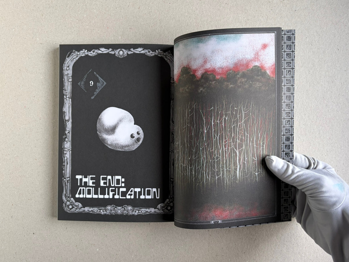 Open spread from Bubzium with the end title page and a forest illustration