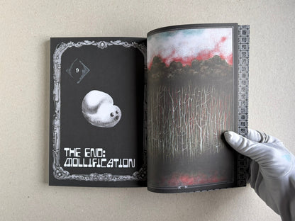 Open spread from Bubzium with the end title page and a forest illustration