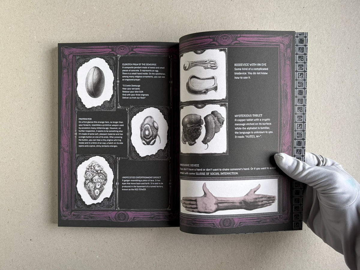 Open spread from Bubzium with object studies and a hand illustration