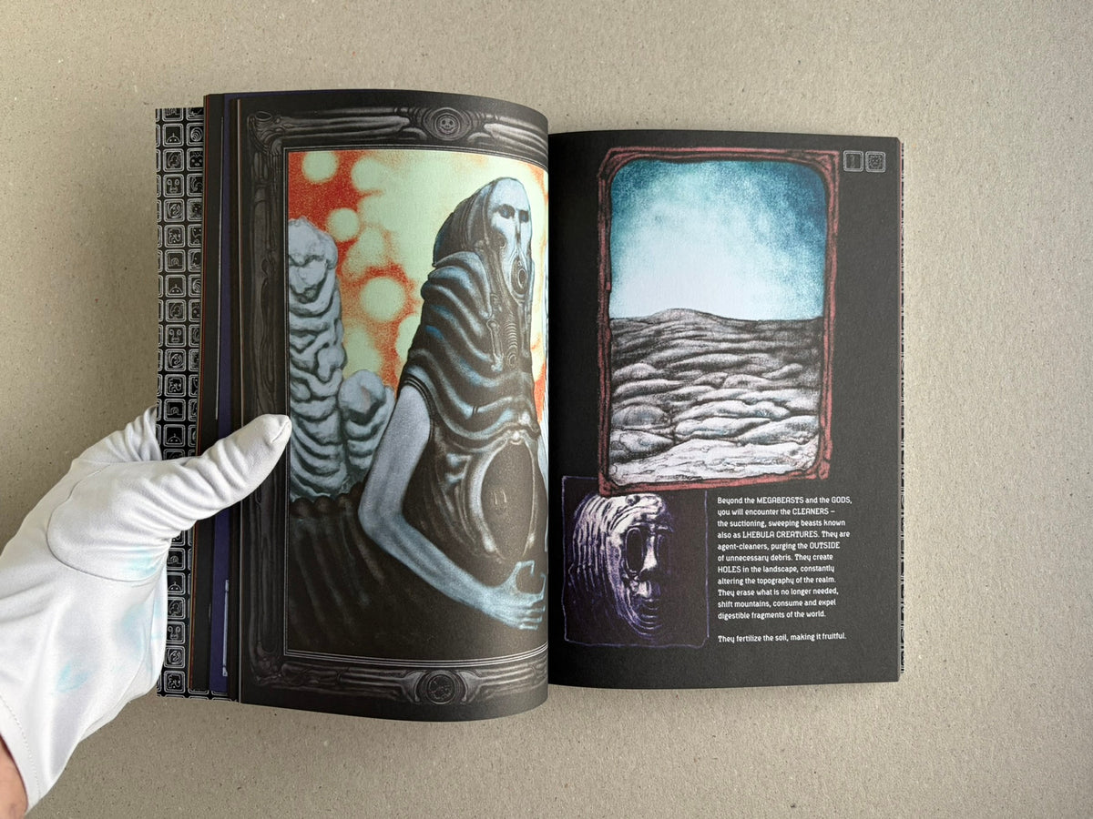 Open spread from Bubzium with a figure and landscape illustration on facing pages