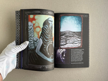 Open spread from Bubzium with a figure and landscape illustration on facing pages