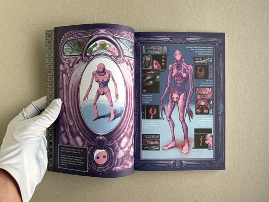 Open spread from Bubzium showing a mutant figure and interior layout, with a gloved hand holding the book