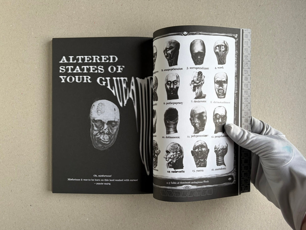 Open spread from Bubzium with the heading 'Altered States of Your Glu...' and a grid of head studies