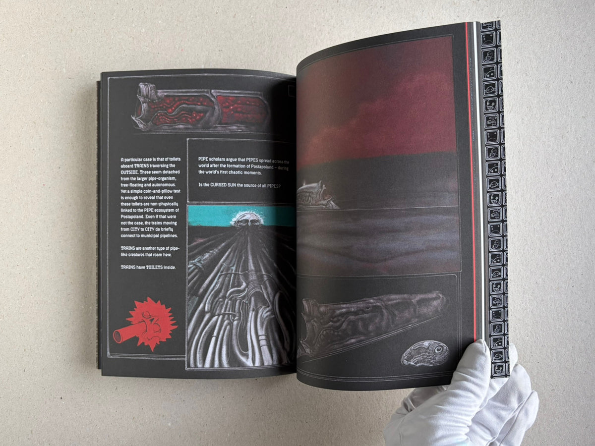 Open spread from Bubzium with text pages and pipe-like illustrations