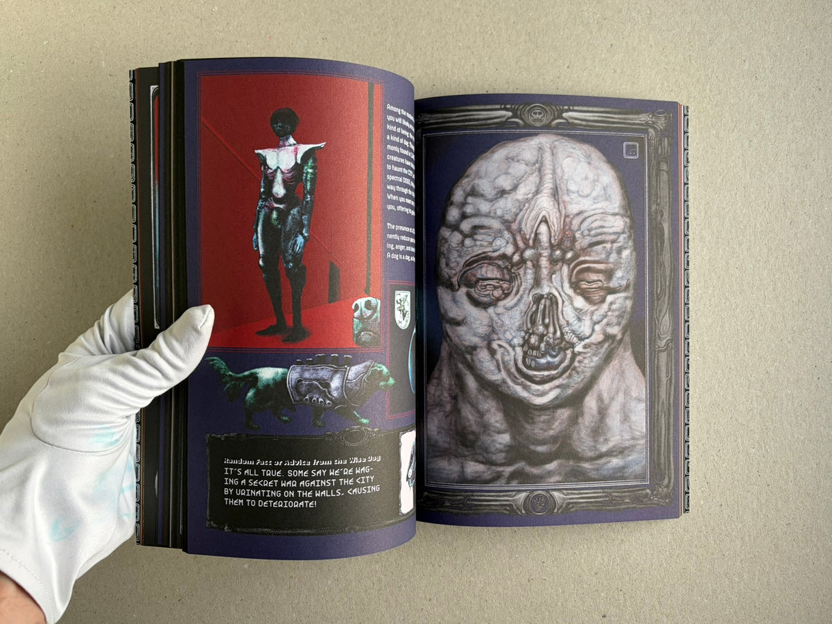 Open spread from Bubzium with a standing figure and a close-up face illustration