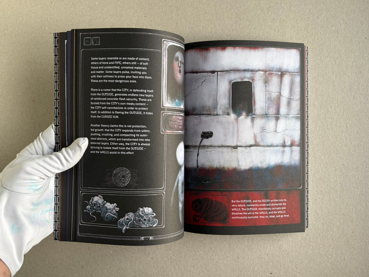 Open spread from Bubzium with text on the left page and a wall-like image on the right