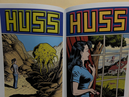 Interior spread from Caprice by Charles Burns with two HUSS covers: a yellow creature in a rocky landscape and a woman by a window.