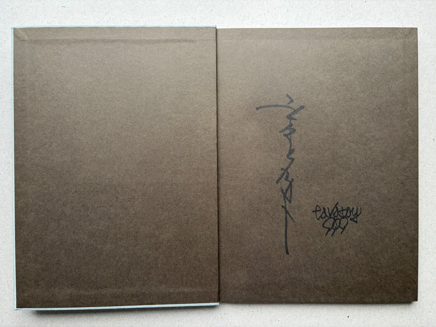 Signed endpaper spread from Coffin of a Chimera, with Takato Yamamoto’s autograph on the right page.