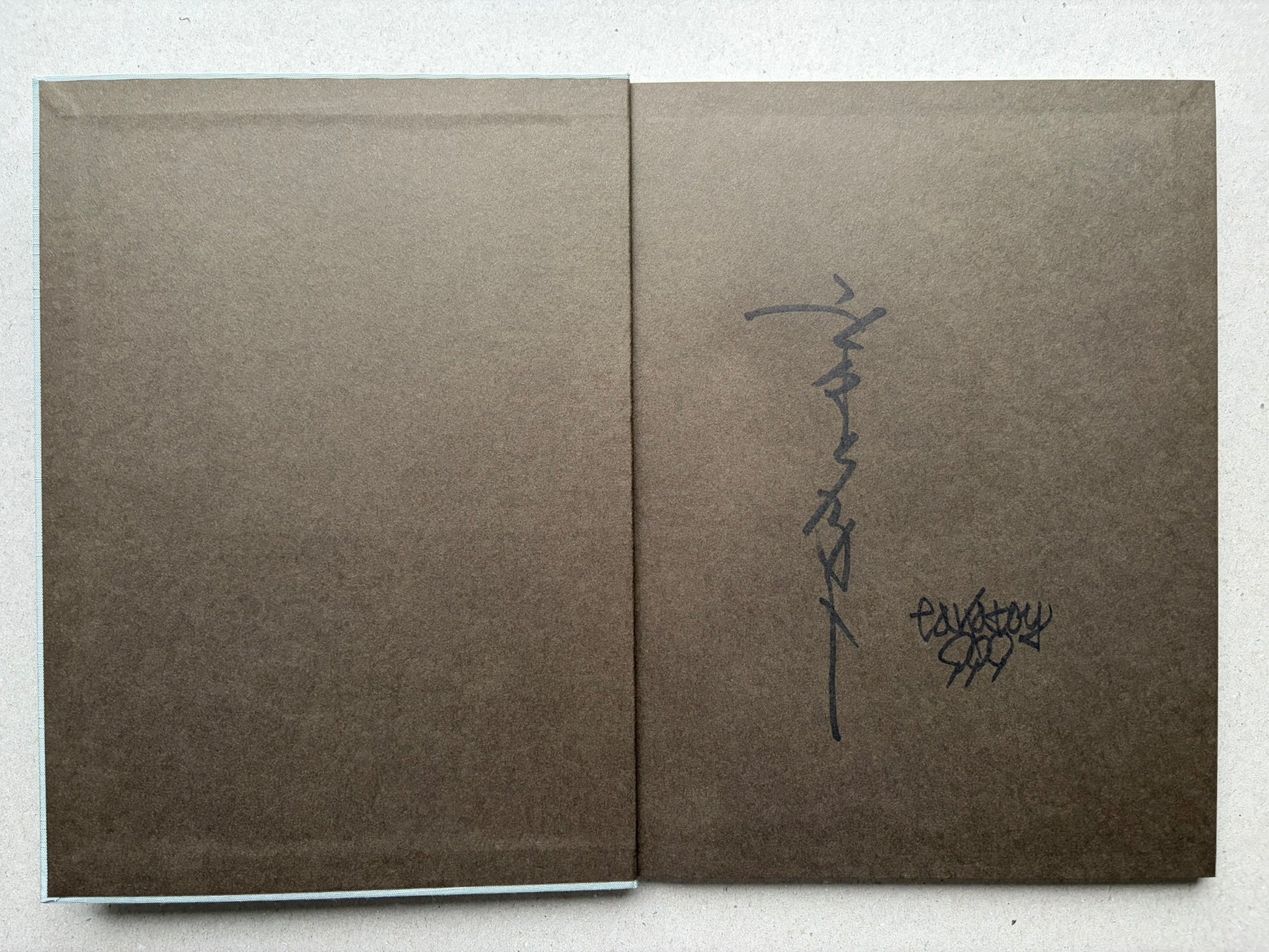 Signed endpaper spread from Coffin of a Chimera, with Takato Yamamoto’s autograph on the right page.