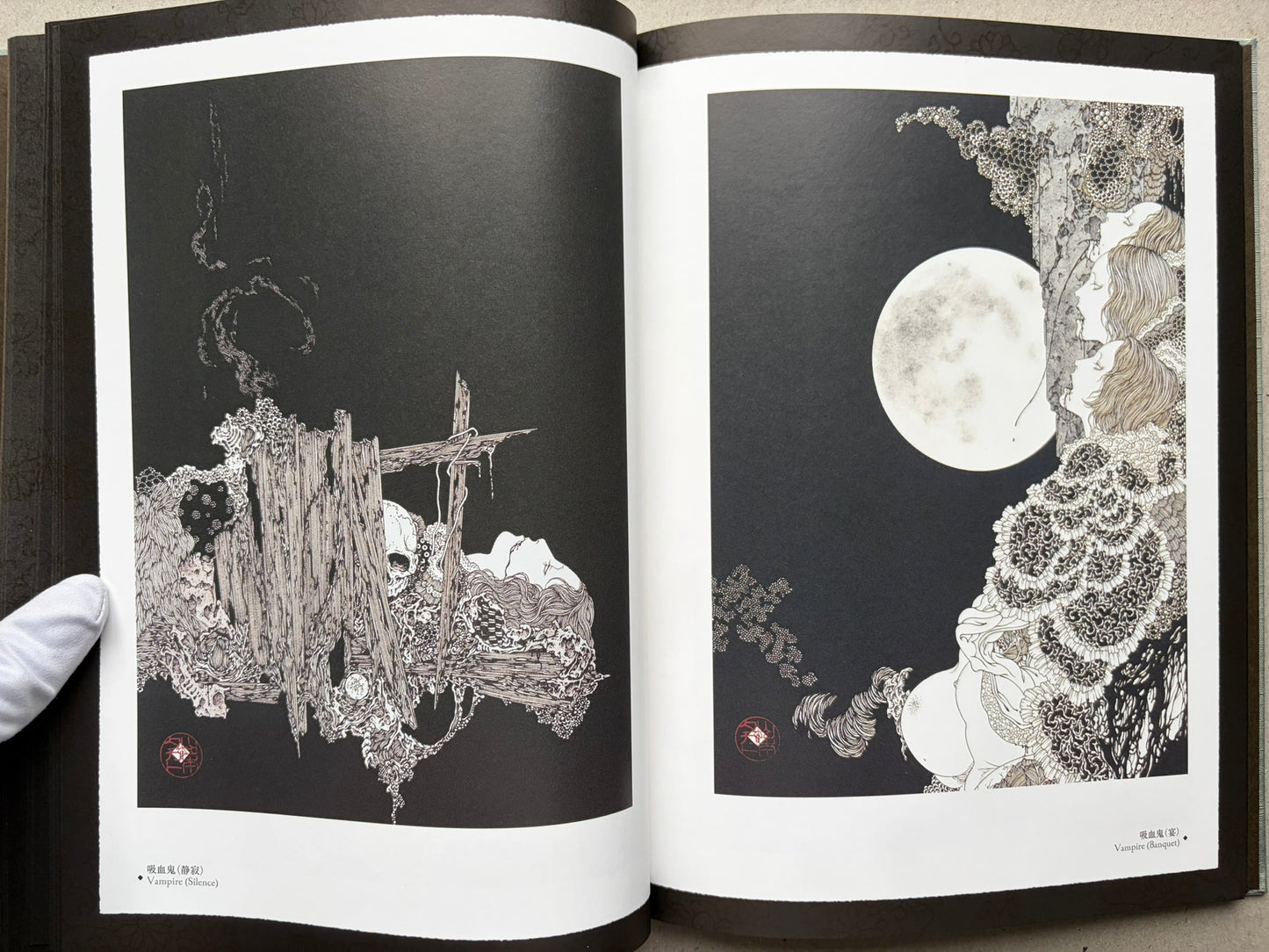 Open spread from Coffin of a Chimera with two monochrome illustrations on black grounds.