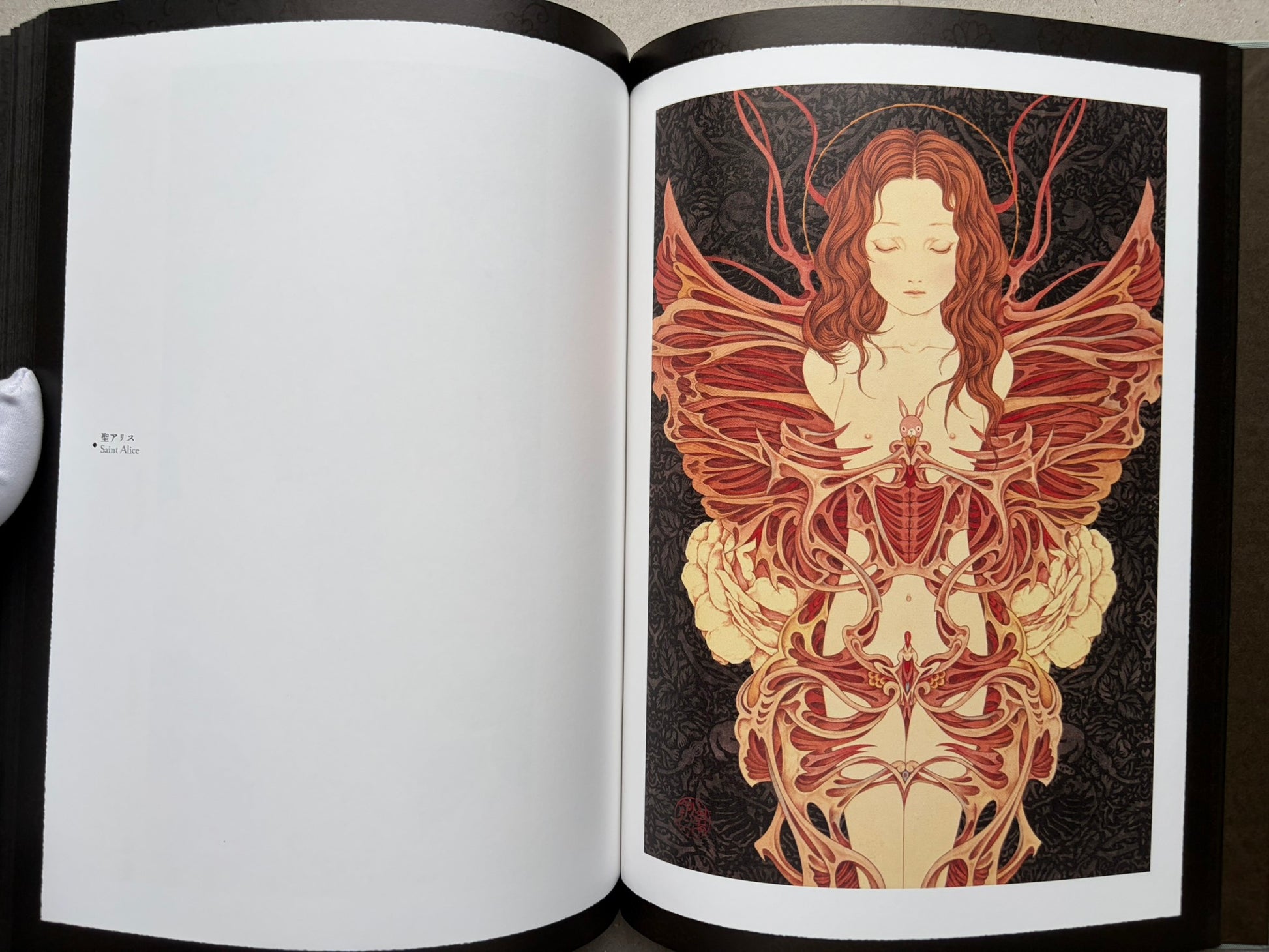 Open spread from Coffin of a Chimera with a seated figure and skull on the left page.