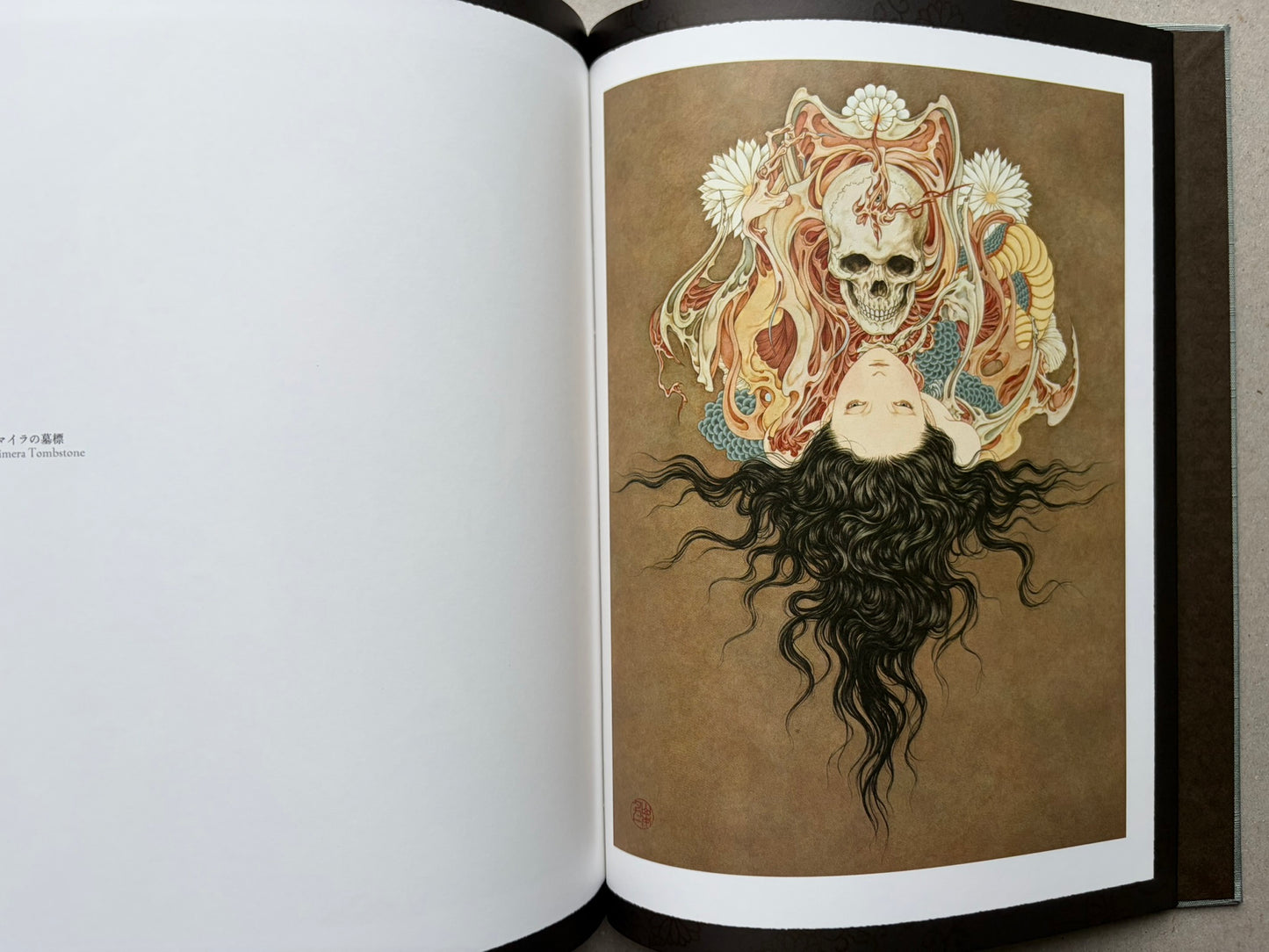 Open spread from Coffin of a Chimera with a vertical chimera figure on the right page.