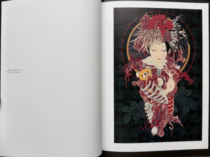Open spread from Coffin of a Chimera with a full-page illustration of a figure in patterned dress and skeletal form.