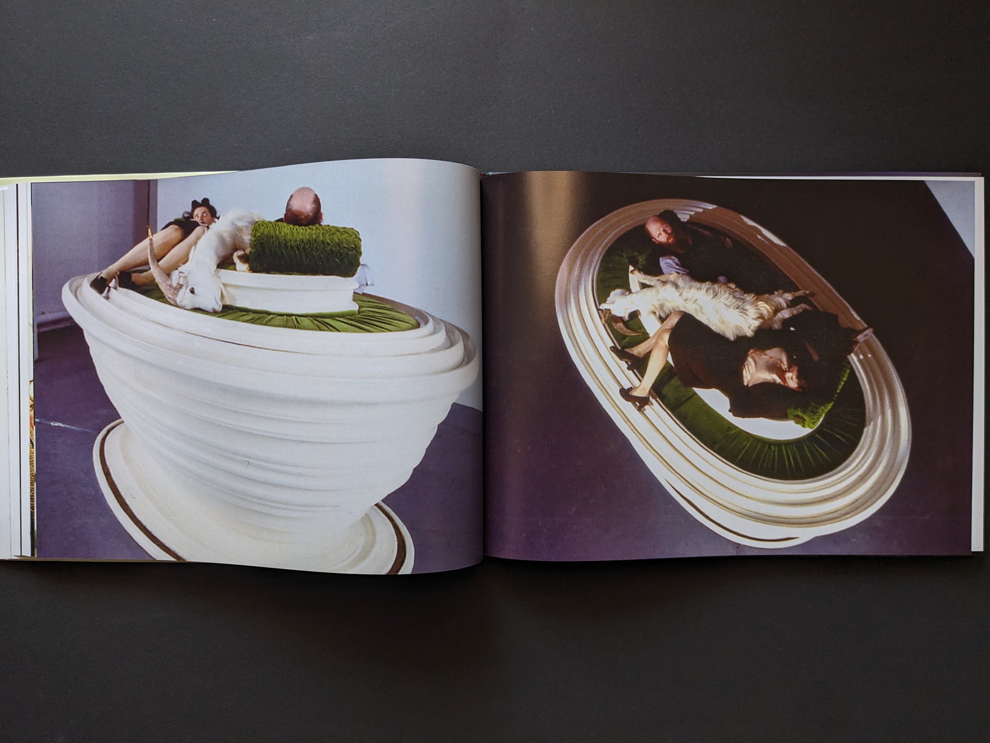 Performance art installation with human figures and goat
