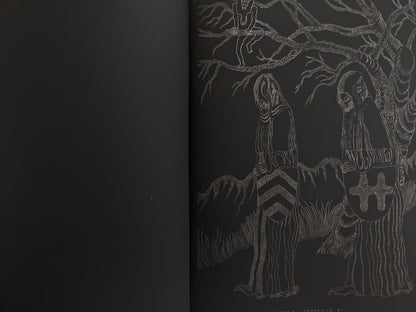 Inside page from Crystal Bone Drive – two hooded figures with shields walking under a tree