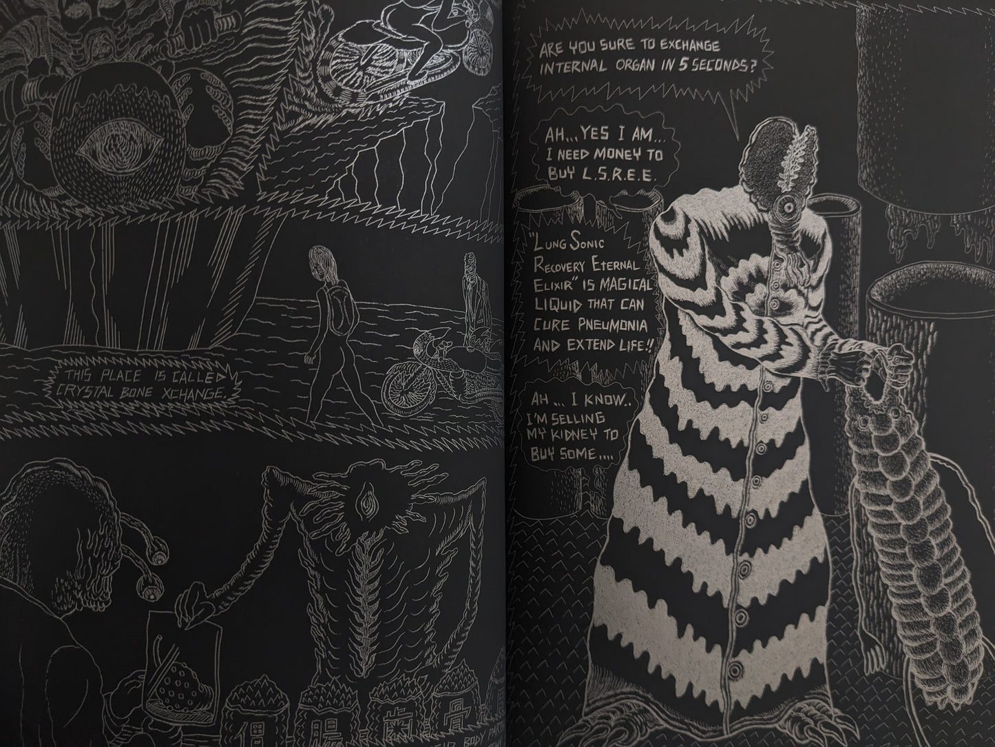 Inside page from Crystal Bone Drive – dialogue about LSREE drug in dystopian world, surreal creature in striped robe