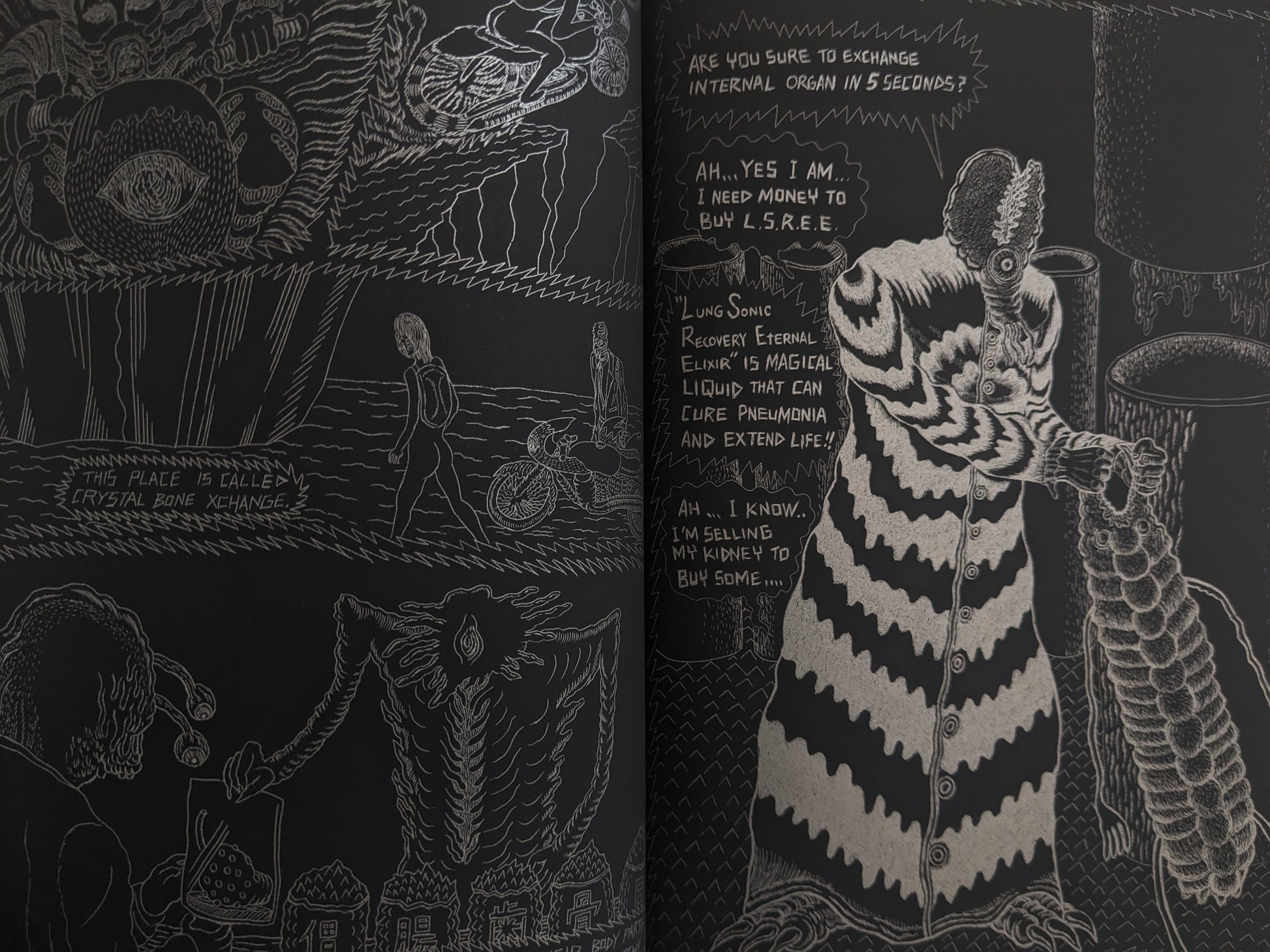 Inside page from Crystal Bone Drive – dialogue about LSREE drug in dystopian world, surreal creature in striped robe