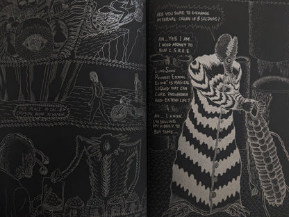Interior page with LSREE dialogue and a surreal creature in a striped robe