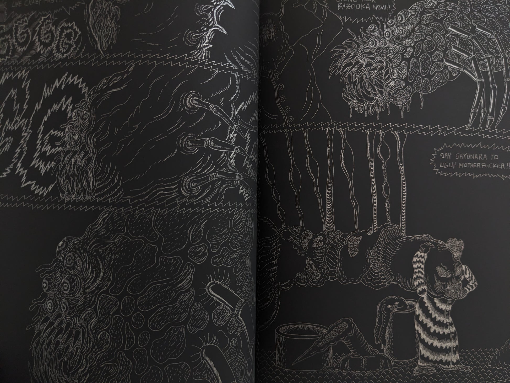 Graphic spread with a mutated monster attack and grotesque battle scene