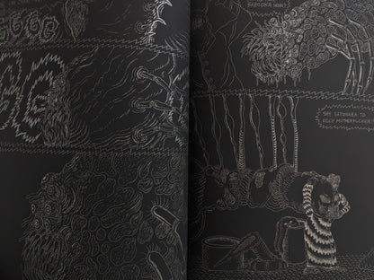 Graphic spread with a mutated monster attack and grotesque battle scene