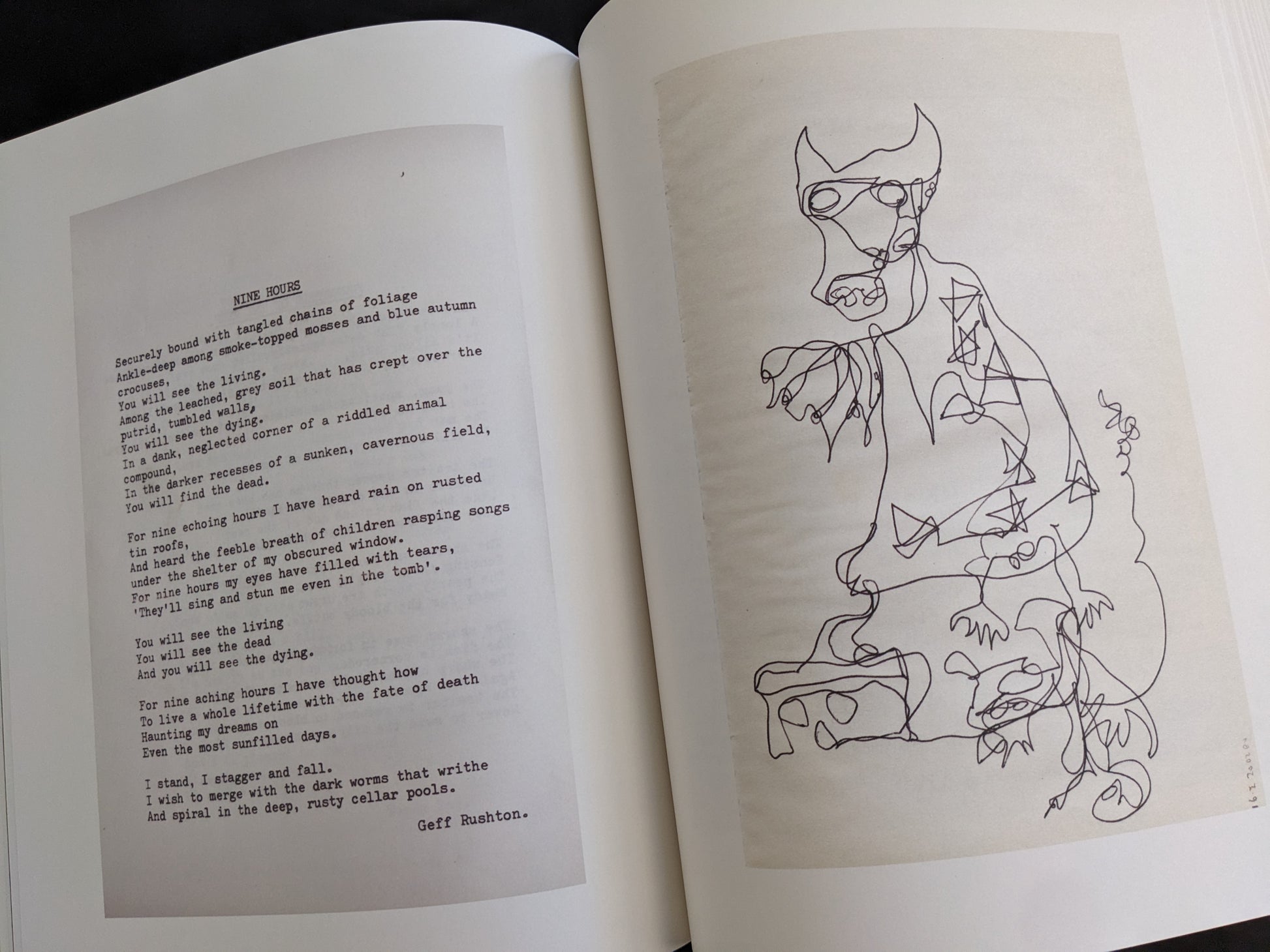 Typed poem titled "Nine Hours" alongside a line drawing of a surreal creature