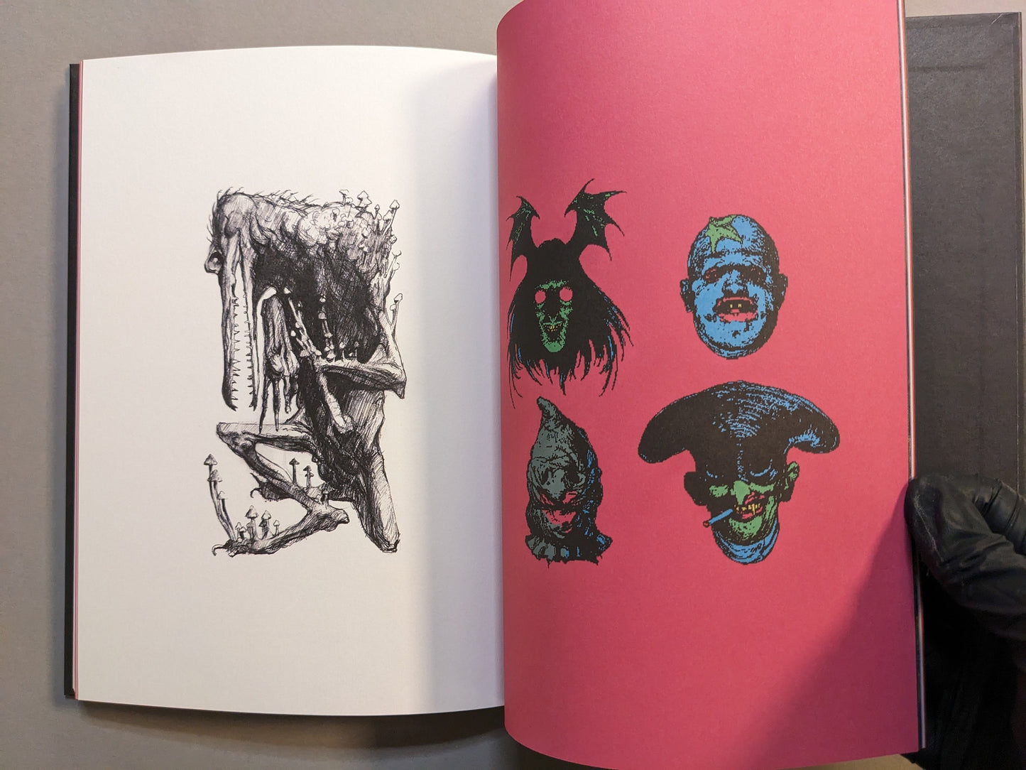 Pink endpaper with a blue grotesque head and red eyes.