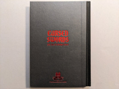Hardcover board of Cursed Swords by Strange House / Joonas Ryynänen, cloth spine and red hot-stamped title.