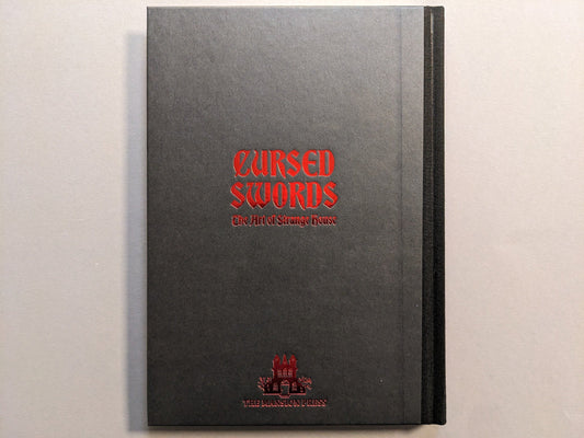 Hardcover board of Cursed Swords by Strange House / Joonas Ryynänen, cloth spine and red hot-stamped title.