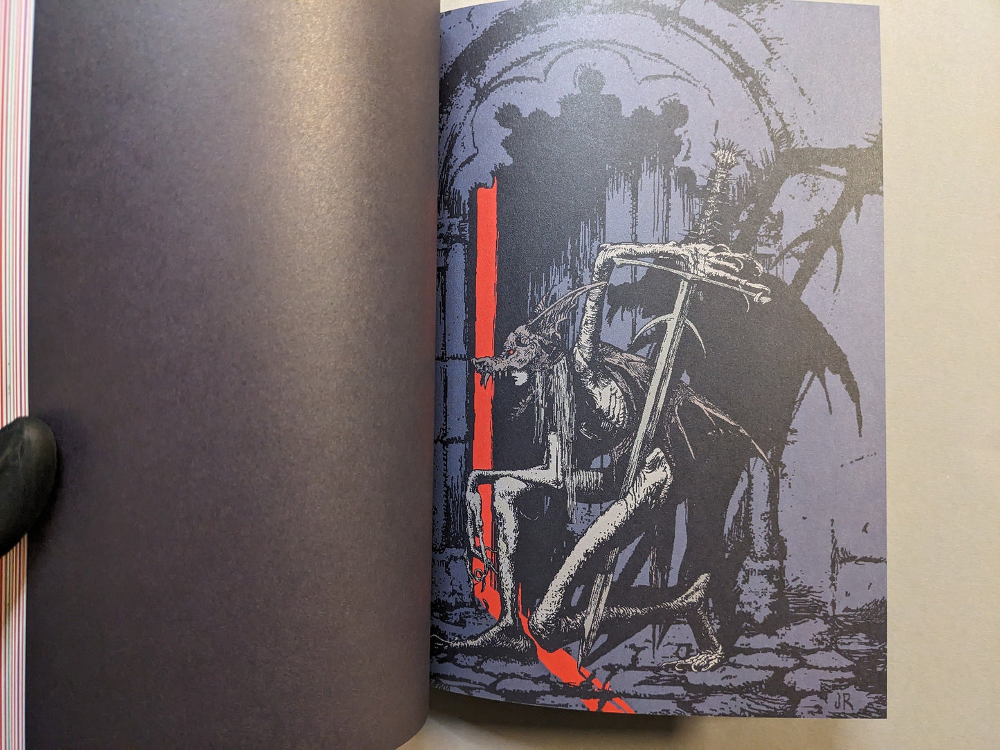 Interior color plate depicting a winged creature with a sword and a red slash accent; gothic, surreal tone.