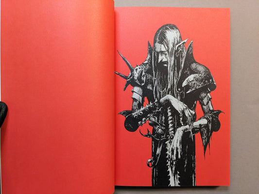 Interior red endpaper with black line illustration from the dark-fantasy artbook Cursed Swords.