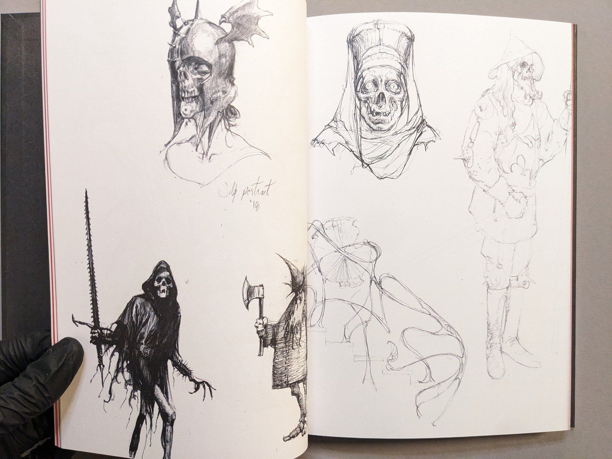 Interior spread with pencil and ink studies, including a reaper figure and character sketches; Munken 150 g paper.