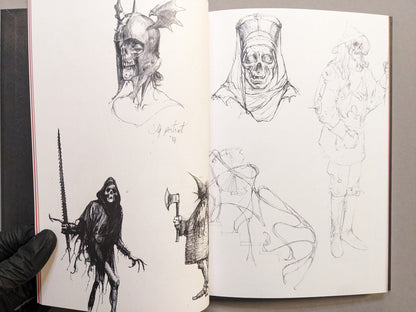 Interior spread with pencil and ink studies, including a reaper figure and character sketches; Munken 150 g paper.