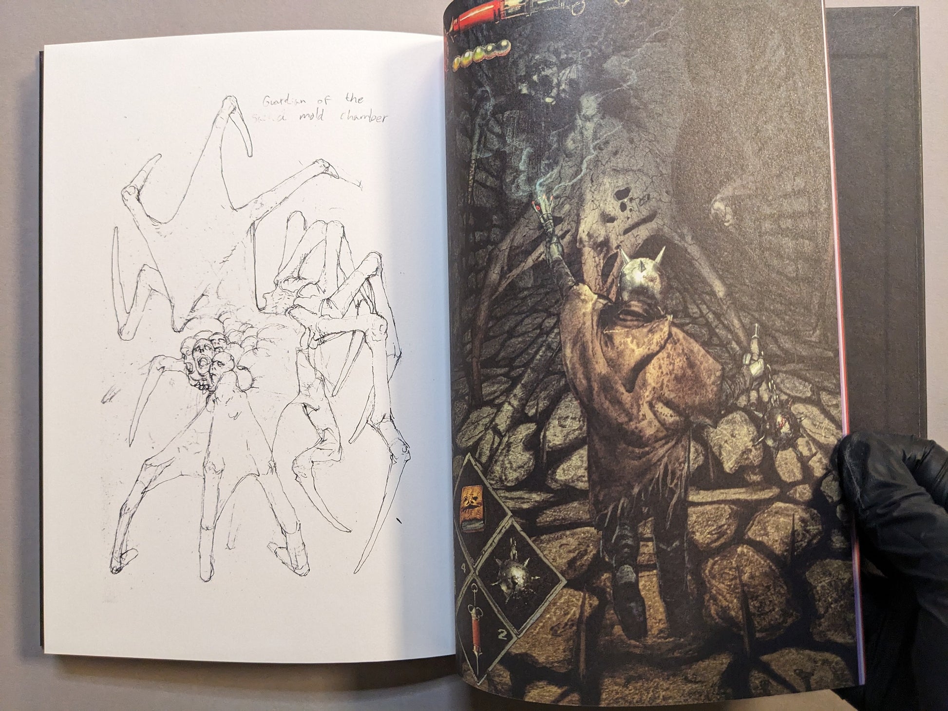 Interior spread: spidery monster pencil study paired with a dark fantasy dungeon scene of a horned adventurer.