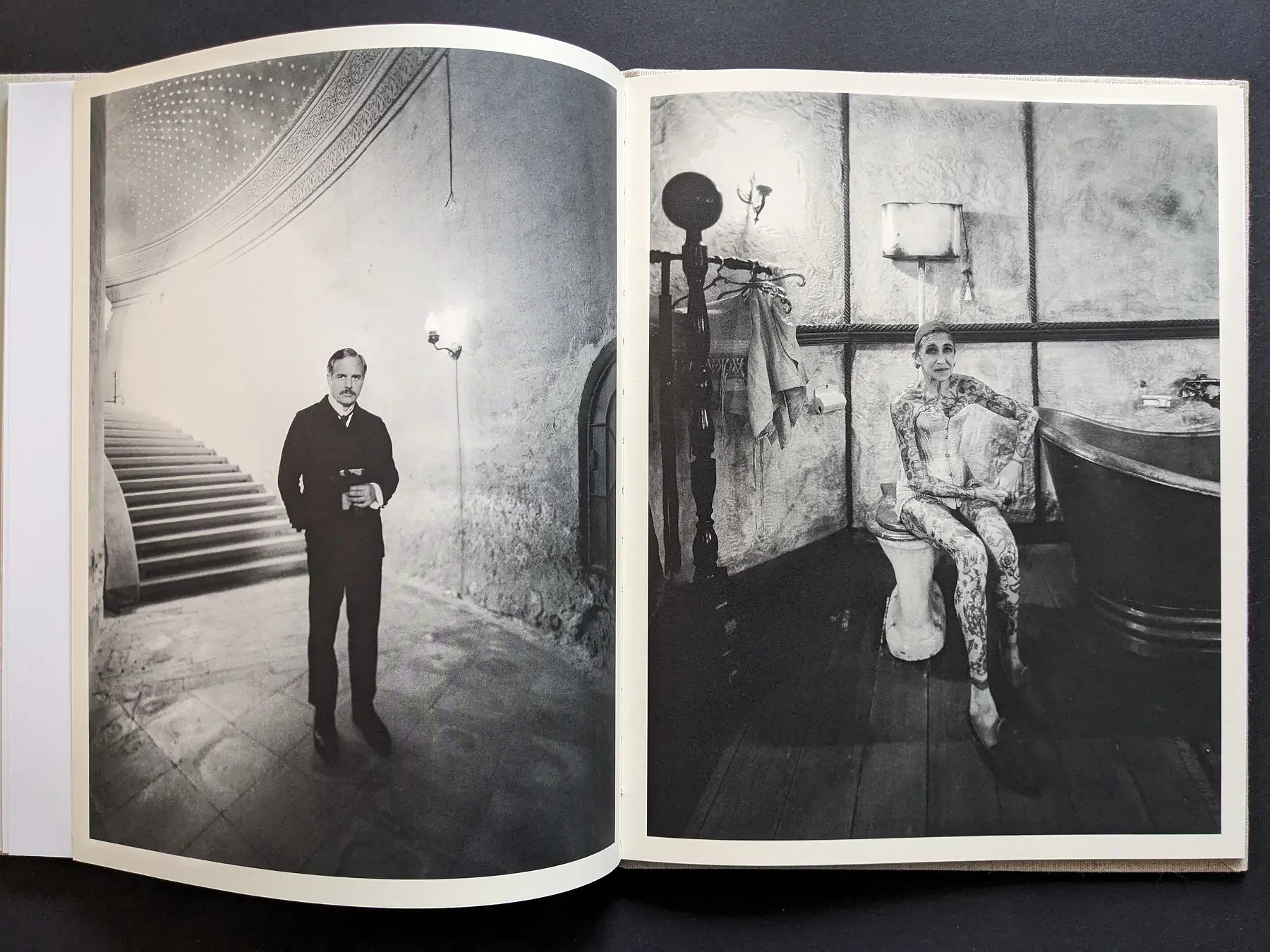 Diptych: black-and-white portraits on set—a man in a domed hall and a tattooed elderly woman in a vintage bathroom.
