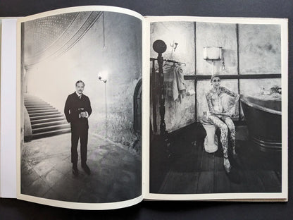 Diptych: black-and-white portraits on set—a man in a domed hall and a tattooed elderly woman in a vintage bathroom.