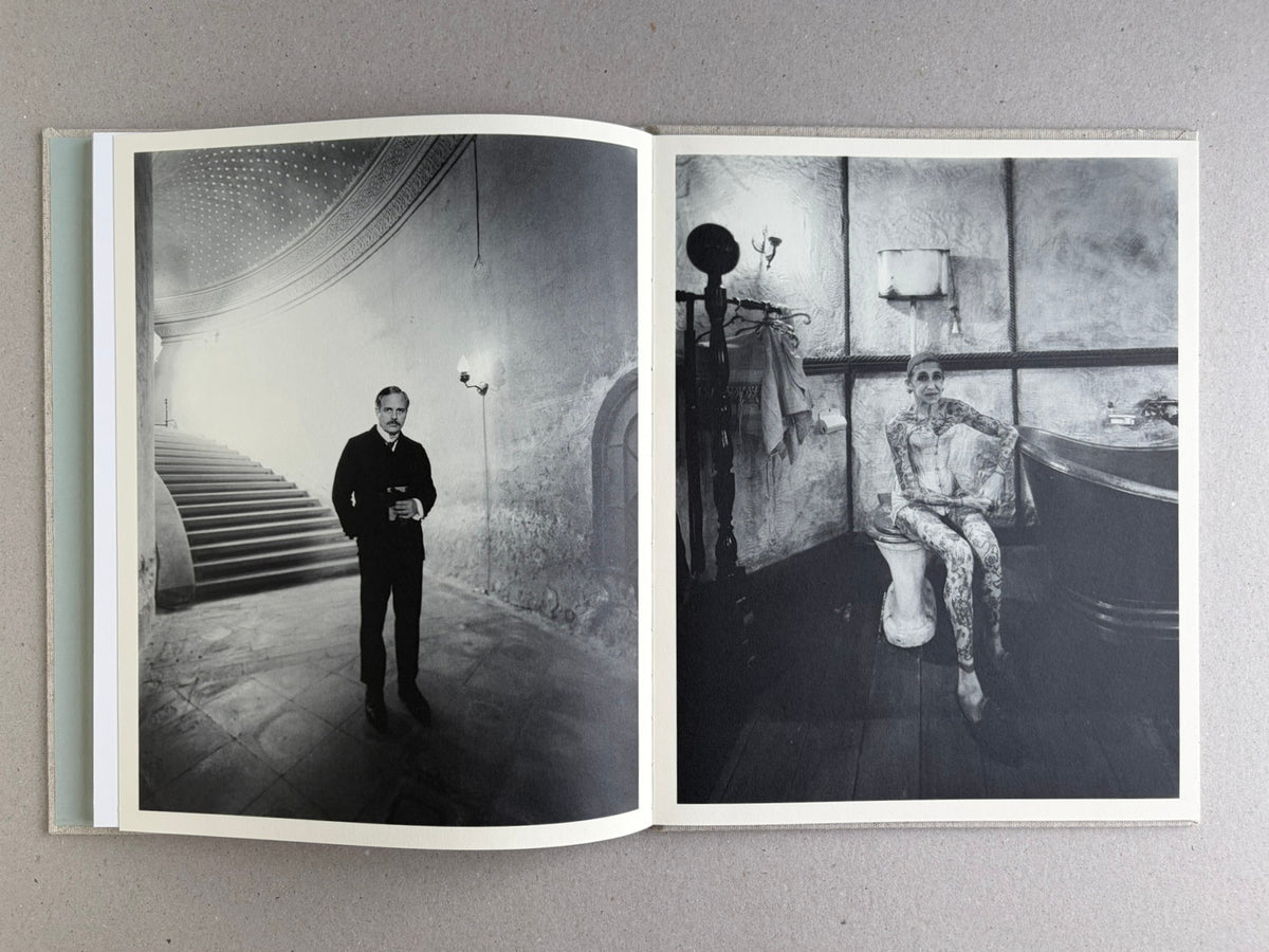 Black-and-white spread with a man standing in a stairwell on the left and a woman seated in a bathroom on the right in Dear God, the Parthenon is still broken.