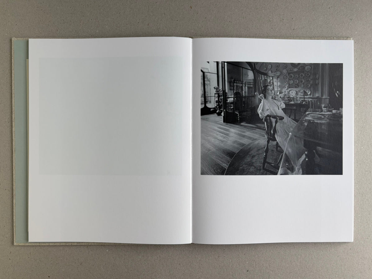 Open spread with a black and white scene on the right and a blank left page in Dear God, the Parthenon is still broken.