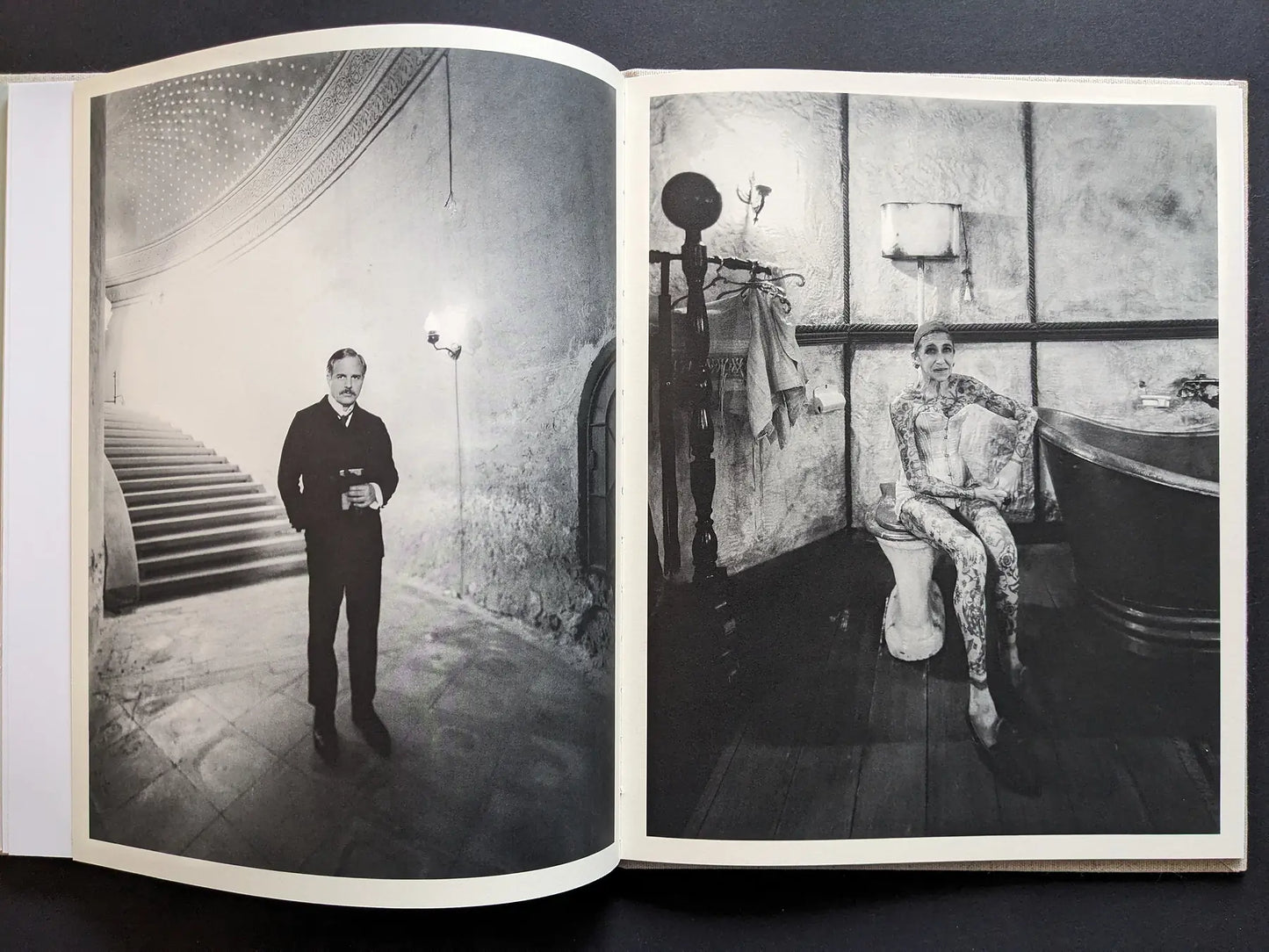 Diptych of black-and-white portraits: a man in a domed hall and a tattooed elderly woman in a vintage bathroom.