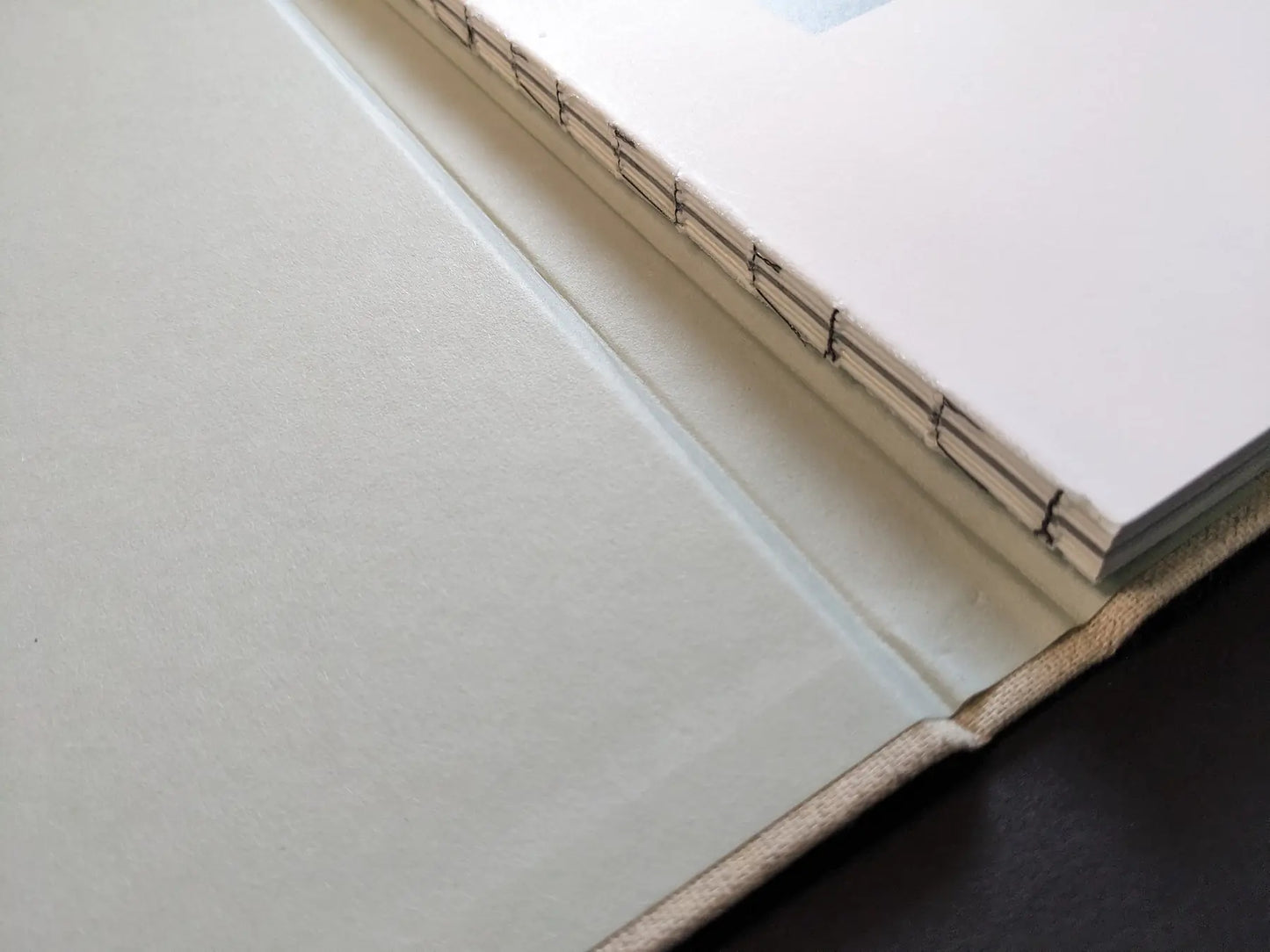 Open-spine binding with stitched signatures and endpaper detail from the Lanthimos photobook.